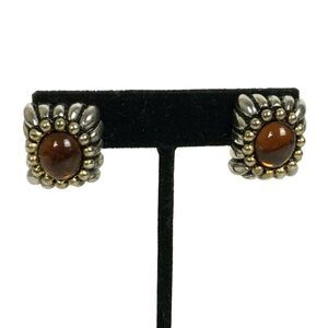 Statement Clip On Earrings Two Tone Metal Amber Cobochon Chunky Rectangle USA